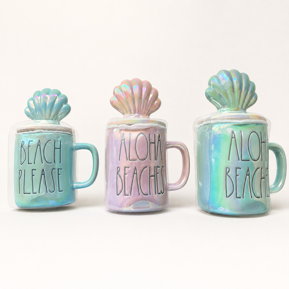 Rae Dunn Iridescent Aqua 'Beach Please' Mug w/ Shell Lid